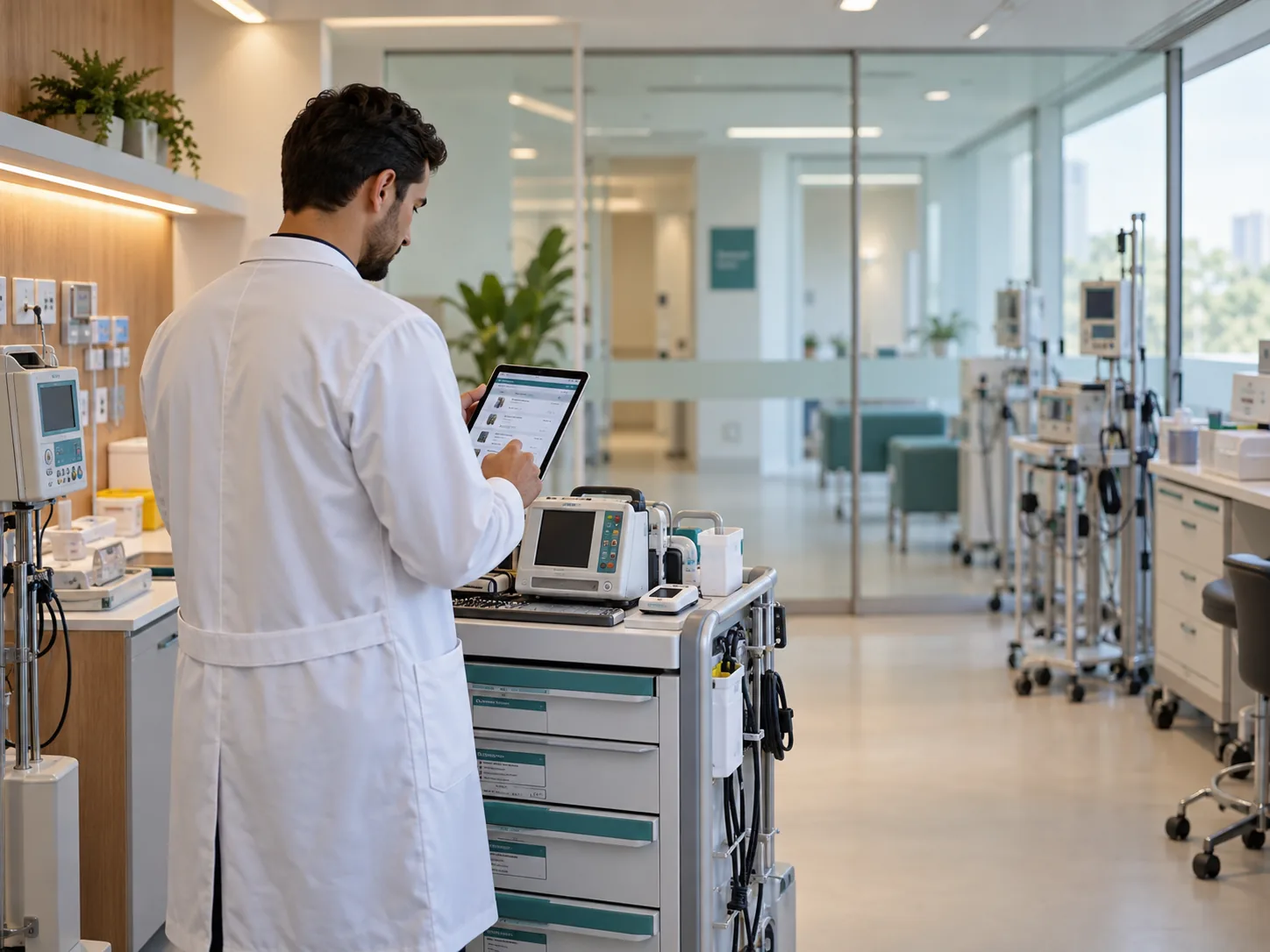 Engenheiro clínico realizando inspeção técnica em equipamento médico